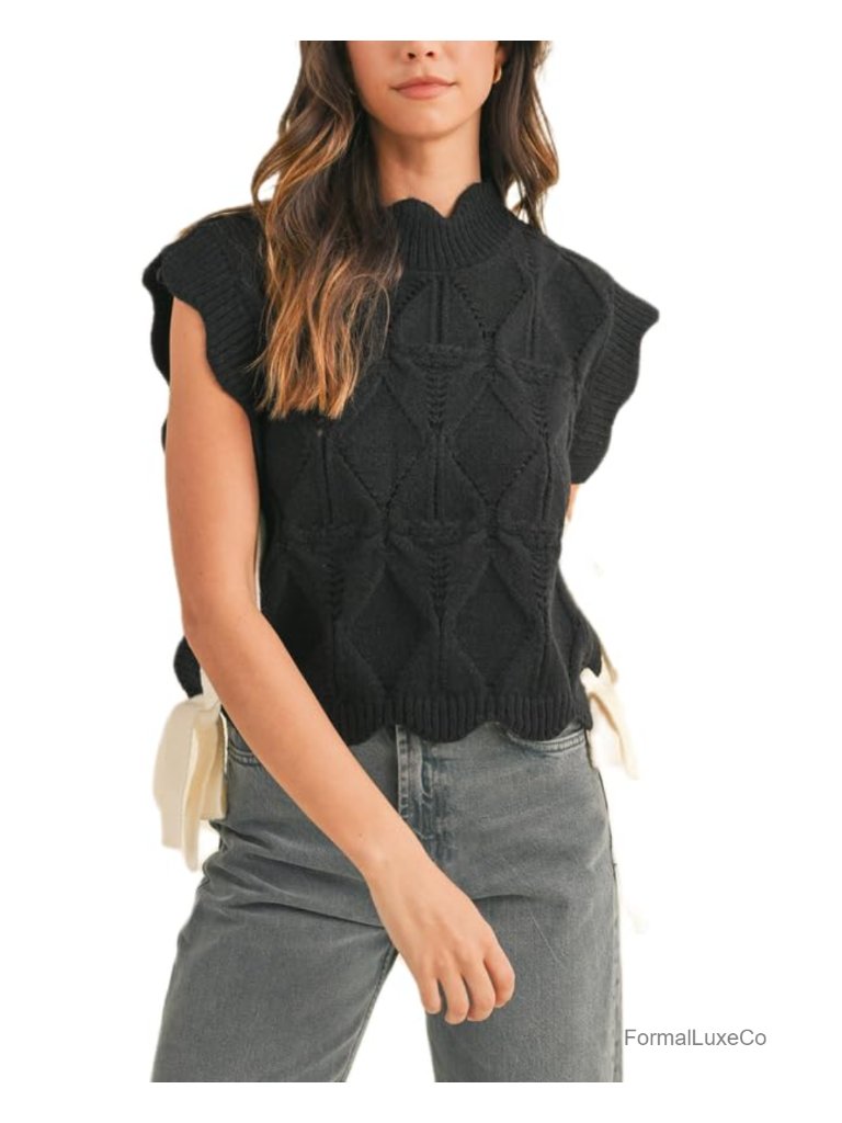 Y2k Ribbon Bow Knit Vest Chunky Cap Sleeve Crochet Sweater Vest